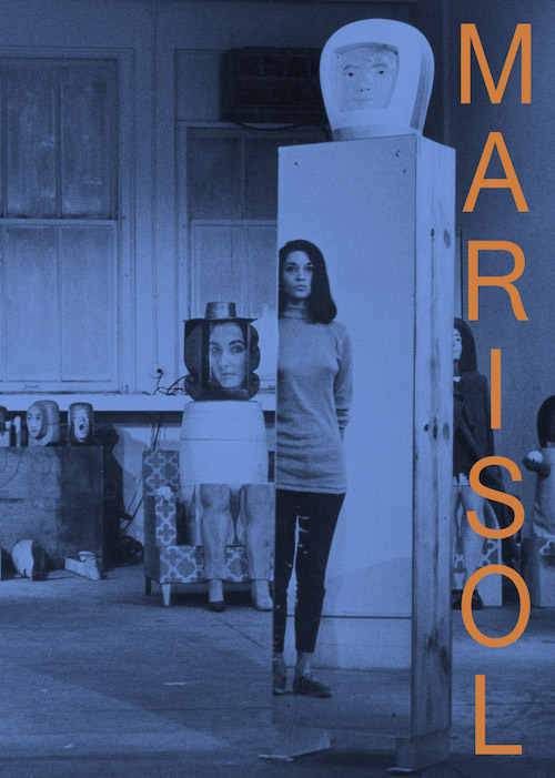 A book cover with an image of a woman standing amongst wooden sculptures in a blue filter with the word "Marisol" written on the right side in orange font
