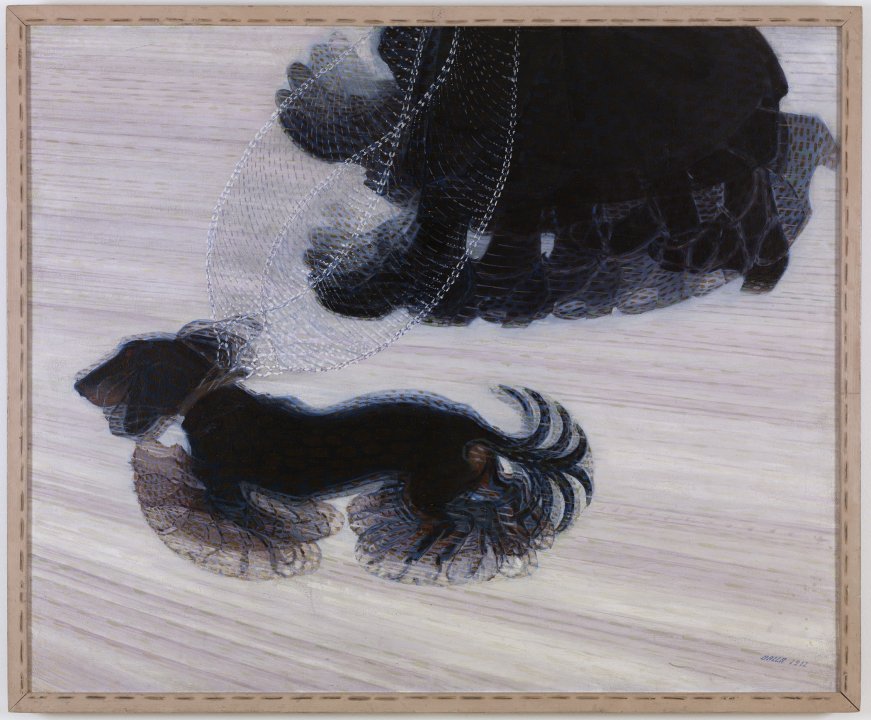 Painting of a black dachshund walking on a leash next to its owner's leash
