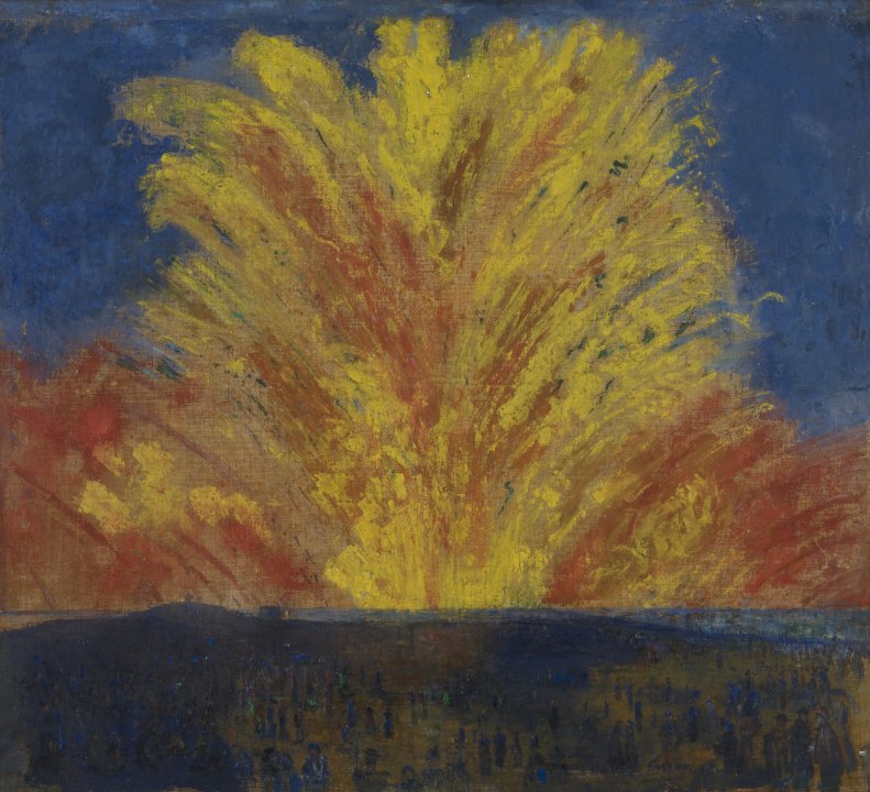 Oil painting of a blue and orange horizon and dark ground with a large yellow and orange firework exploding in the center of the piece 
