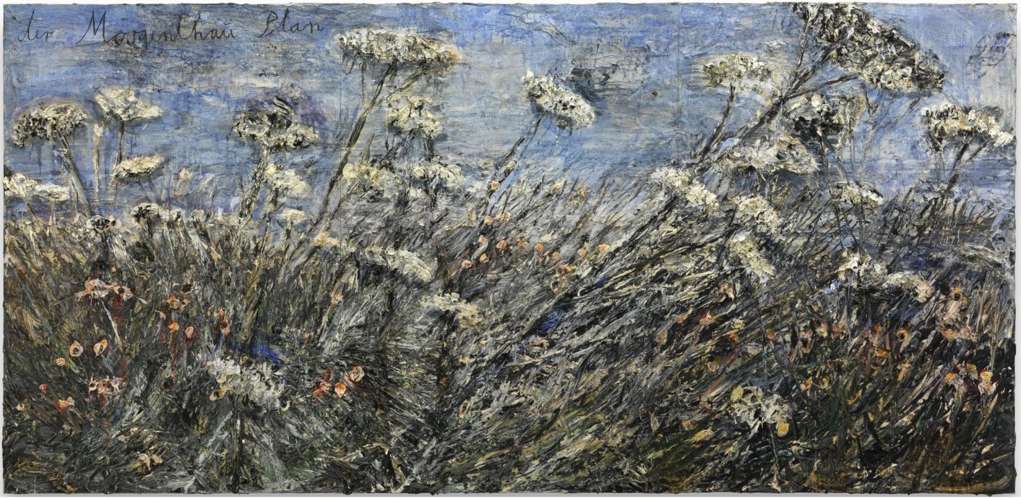 Textured painting of a landscape of white flowers, greenery, and a blue sky