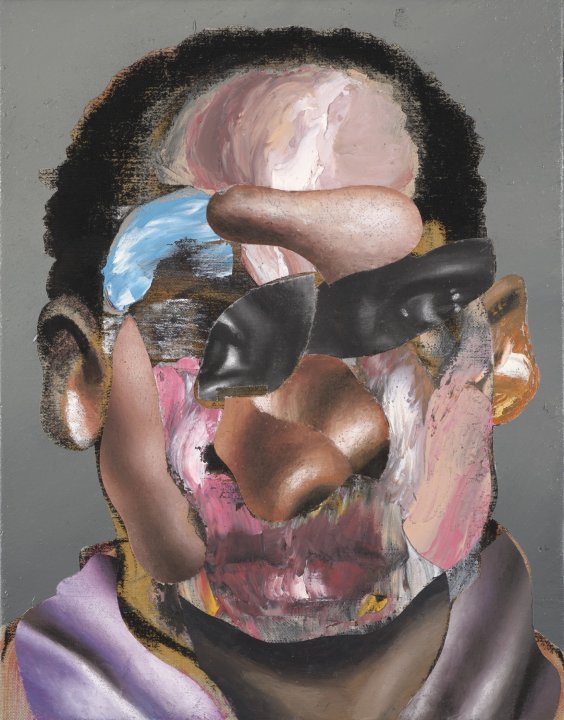 Pastel and gouache portrait of an african american man where his facial features are rearranged in a collage style.