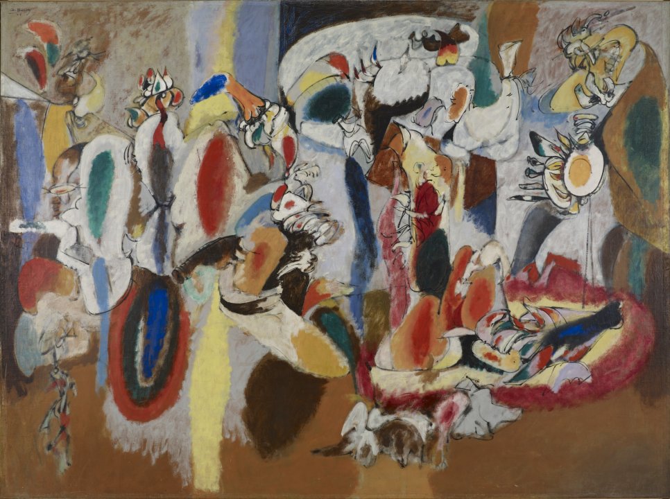Abstract expressionist painting of gardens with unique colors such as red, brown, yellow, blue and white throughout