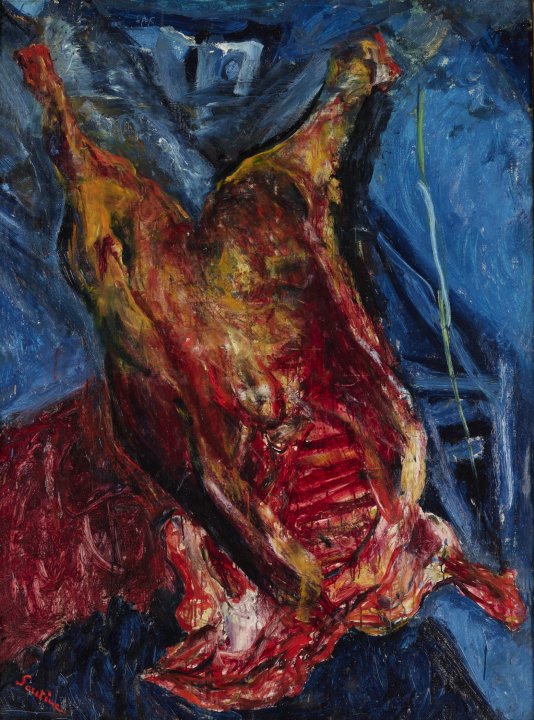 Oil painting of an opened/ bloody animal carcass with a blue background 