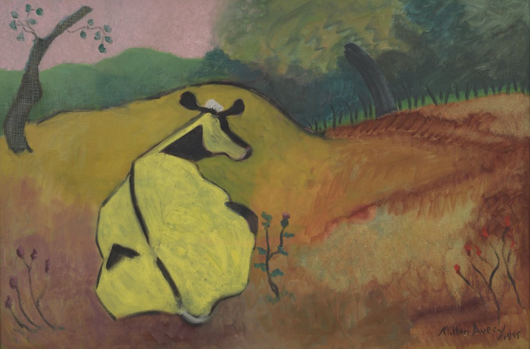 Painting of a large yellow cow laying in an orange-hued pasture and green trees in the distance 