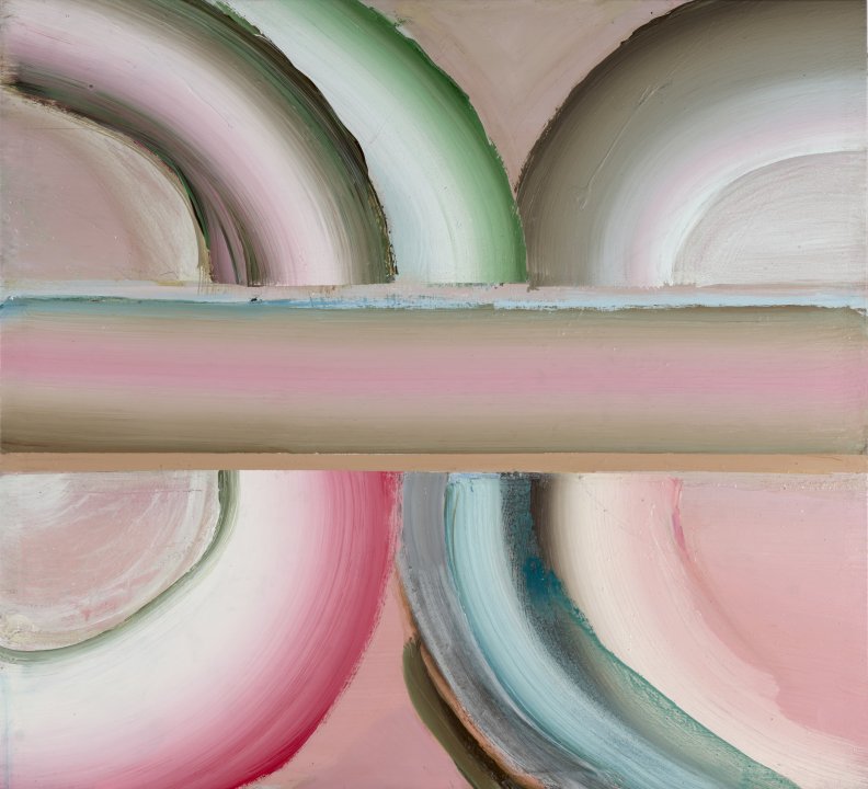 Painted oval and semicircular forms and horizontal bands in different shades of pinks, greens and beige