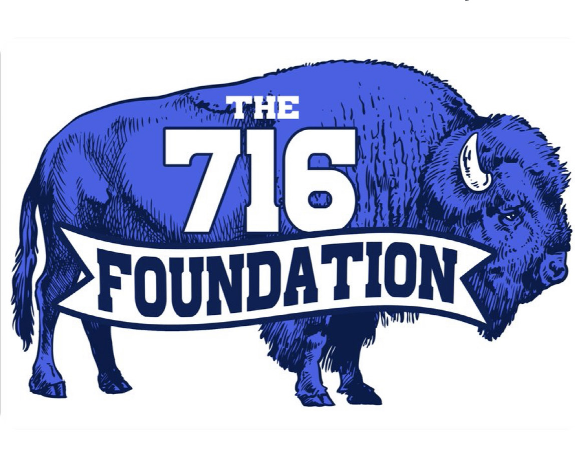 Blue cartoon buffalo with the words "The 716 Foundation" written over top 