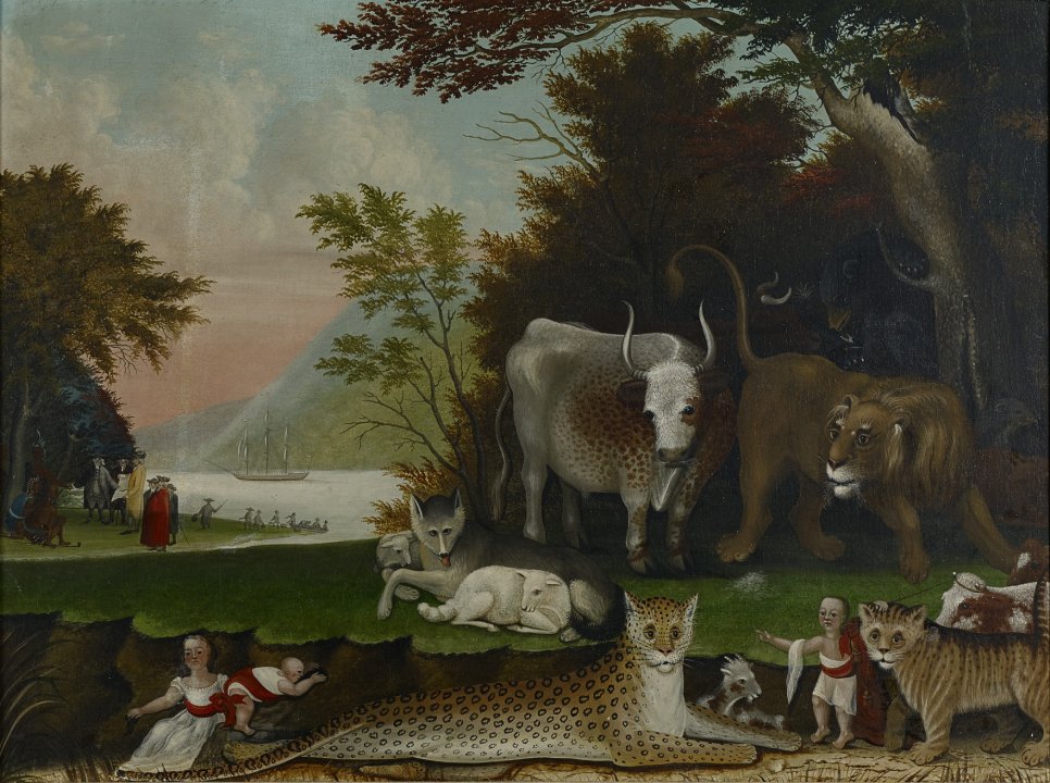 Painting of a variety of wild animals such as a cheetah, wolf, lion, bull, and children gather together in a natural landscape with trees and a river in the background