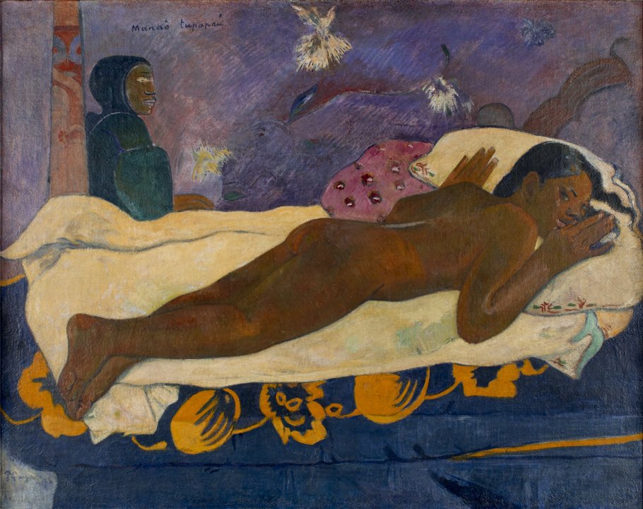 Painting of a young nude Tahitian girl with dark hair named Teha’amana who lies on her stomach, glancing sideways at the viewer while an old woman in a black cloak stares at her from the other side and corner of the bed