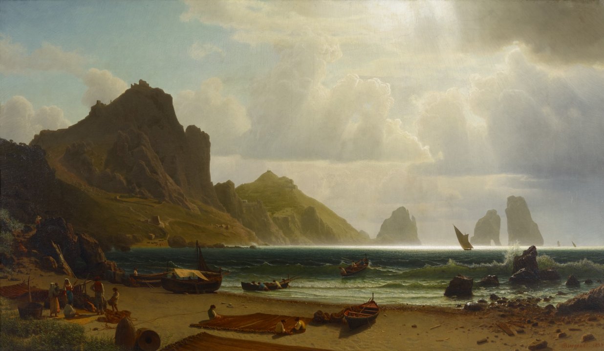 Painting of a bay with a large rocky hill and sunlight reflecting on the water and through white clouds, boats and people are scattered throughout the sand and one boat sailing in the water  