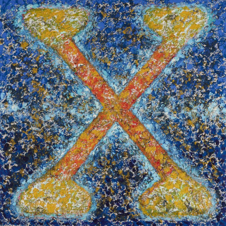 Textured blue background with a textured orange X over top where the tips of the X blends from orange to yellow 