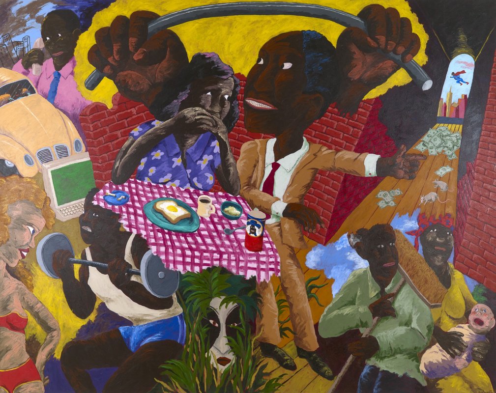 Painted in loud colors such as vibrant reds and yellow, this painting depicts an African American man who seems to be enjoying the luxurious life. He is surrounded by his material possessions, such as a car and money and he is accompanied by stereotyped caricatures of the black athlete and a “Mammy” figure as well as the Quaker Oats man and Superman who is flying in the sky far behind everyone else in the painting. 