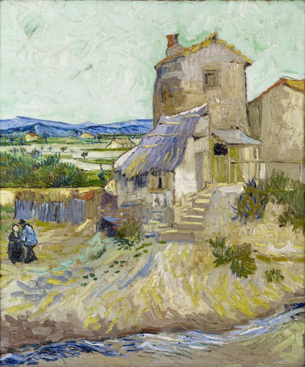 Impressionist painting of an old mill in front of hills and with greenery and a stream in front