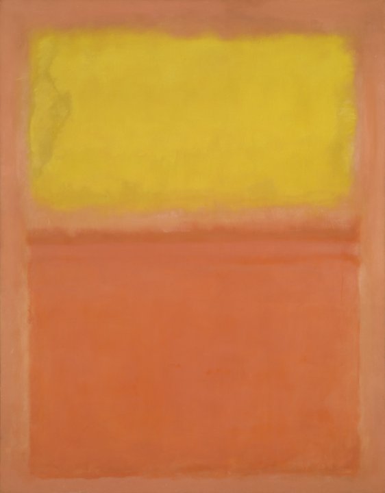 Painting with a lighter shade of orange as the background, a yellow horizontal rectangle at the top and a darker orange vertical rectangle below it 