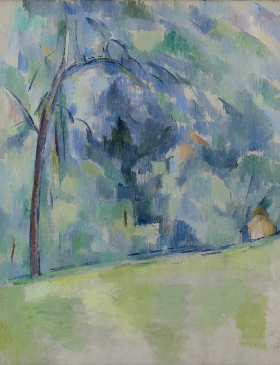 Impressionist painting of a tree and grass and various shades of blues and greens throughout