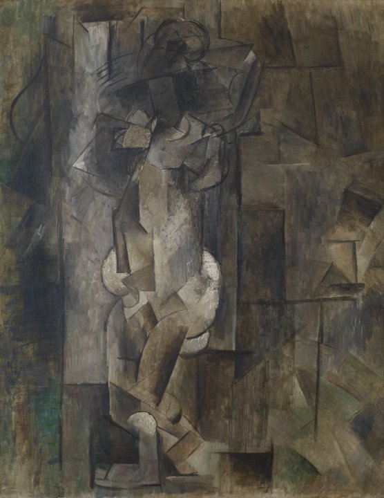 Cubist portrait of a nude figure in various shades of black, grey, brown, and other neutral tones 
