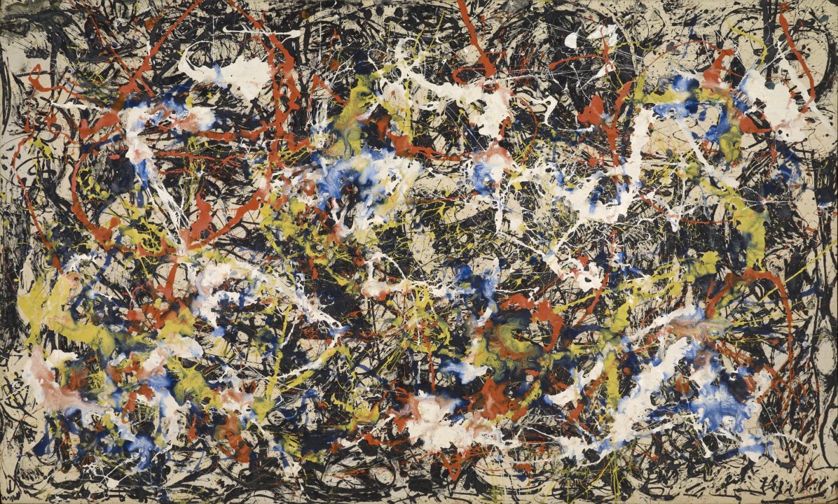 Abstract expressionist painting that resembles splatter paint with the background layer being black and a neutral beige with red, yellow, blue, and white on top 