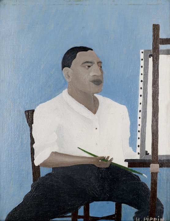 Painting of an African American man sitting before an easel with a paintbrush in hand. Blue background. Man is wearing a white shirt and black pants. 