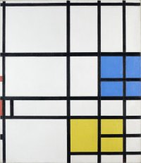 Black and white grid with four squares painted blue and three squares painted yellow