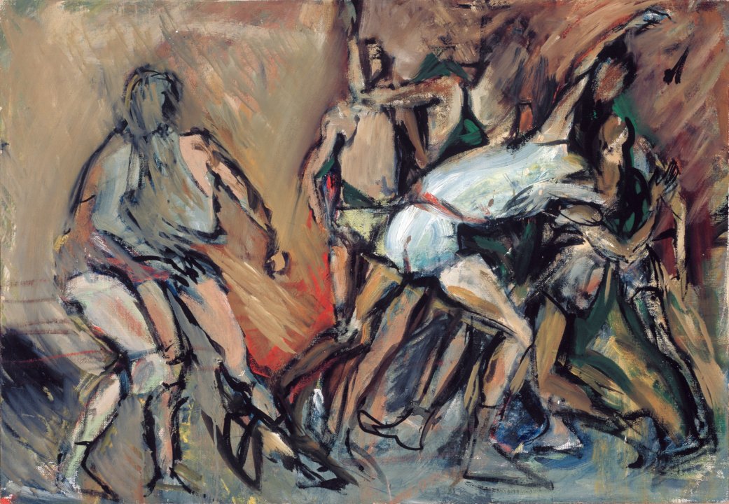 Abstract expressionist style painting depicting some sort of athletic scrimmage amongst a group of several men in motion, with neutrals shades and red and white throughout 