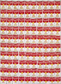 Artwork of 100 red and white Campbell's soup cans lined up next to one another in rows of 10