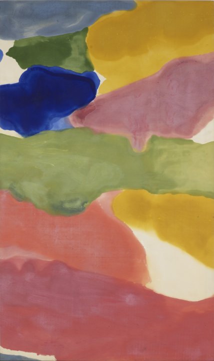 Organic shapes of thinned, vibrantly-shaded paint (including pink, yellow, blue, orange, green, and red) on a rectangular canvas 