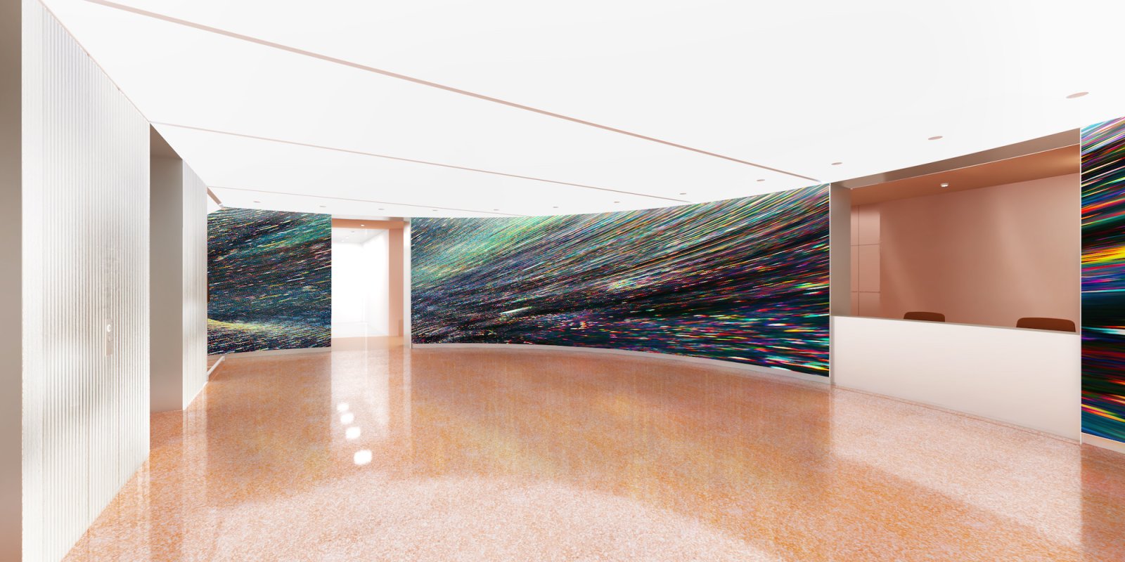 Rendering of multicolored tapestry lining a curved wall in a gallery space 