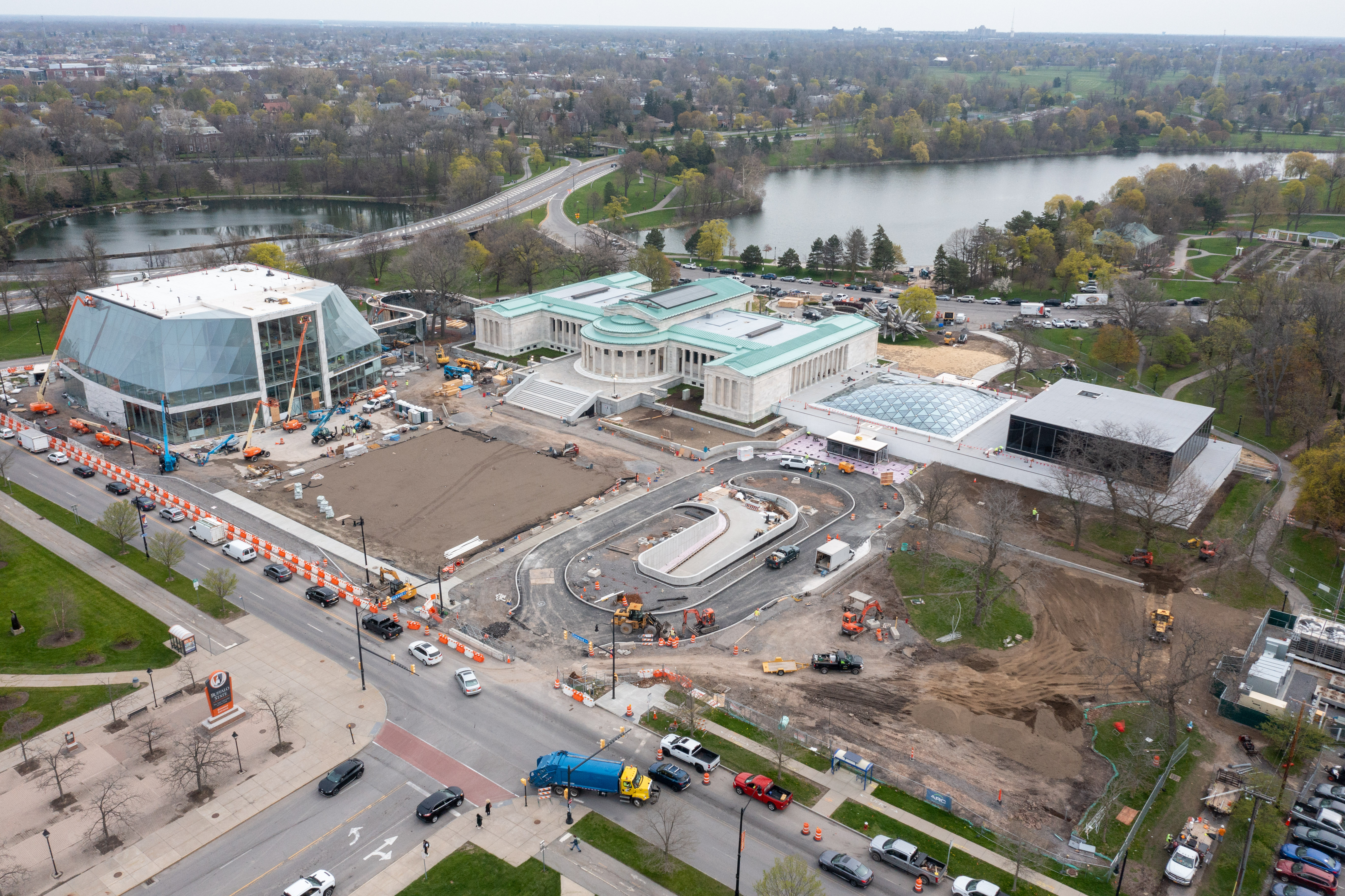 Aerial view of the Buffalo AKG Art Museum campus under construction 