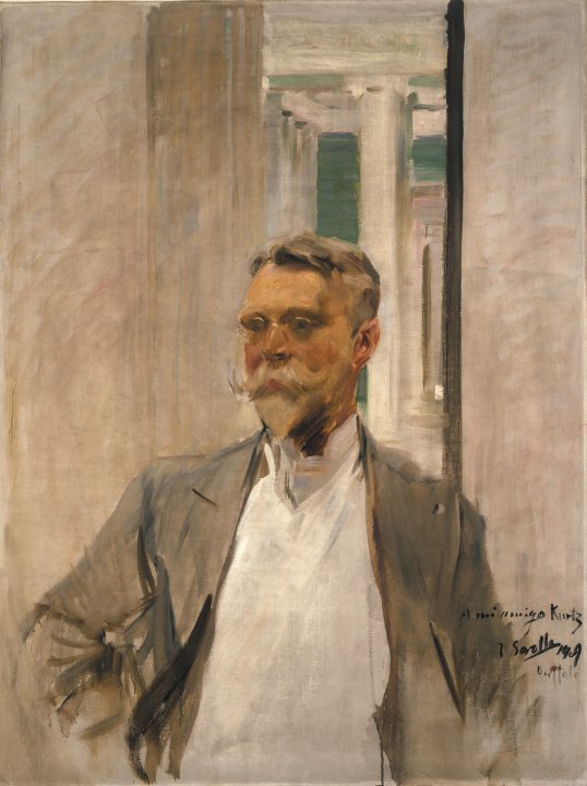 An oil painting portait of a man with light hair and a handlebar mustache and beard inside of a room with pillars behind him