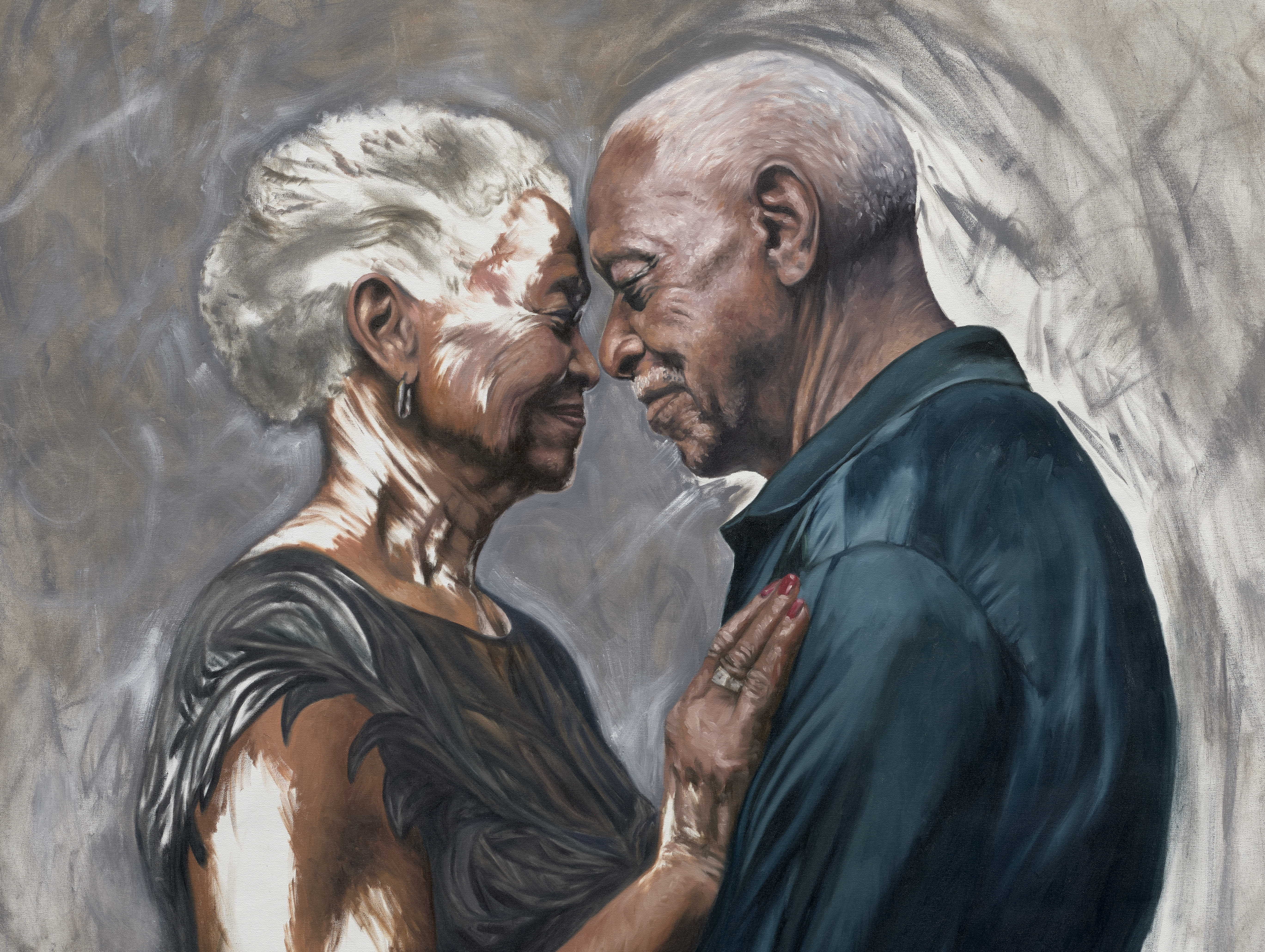 A painting of an older black man and woman in an embrace where her hands are on his chest and their foreheads are touching