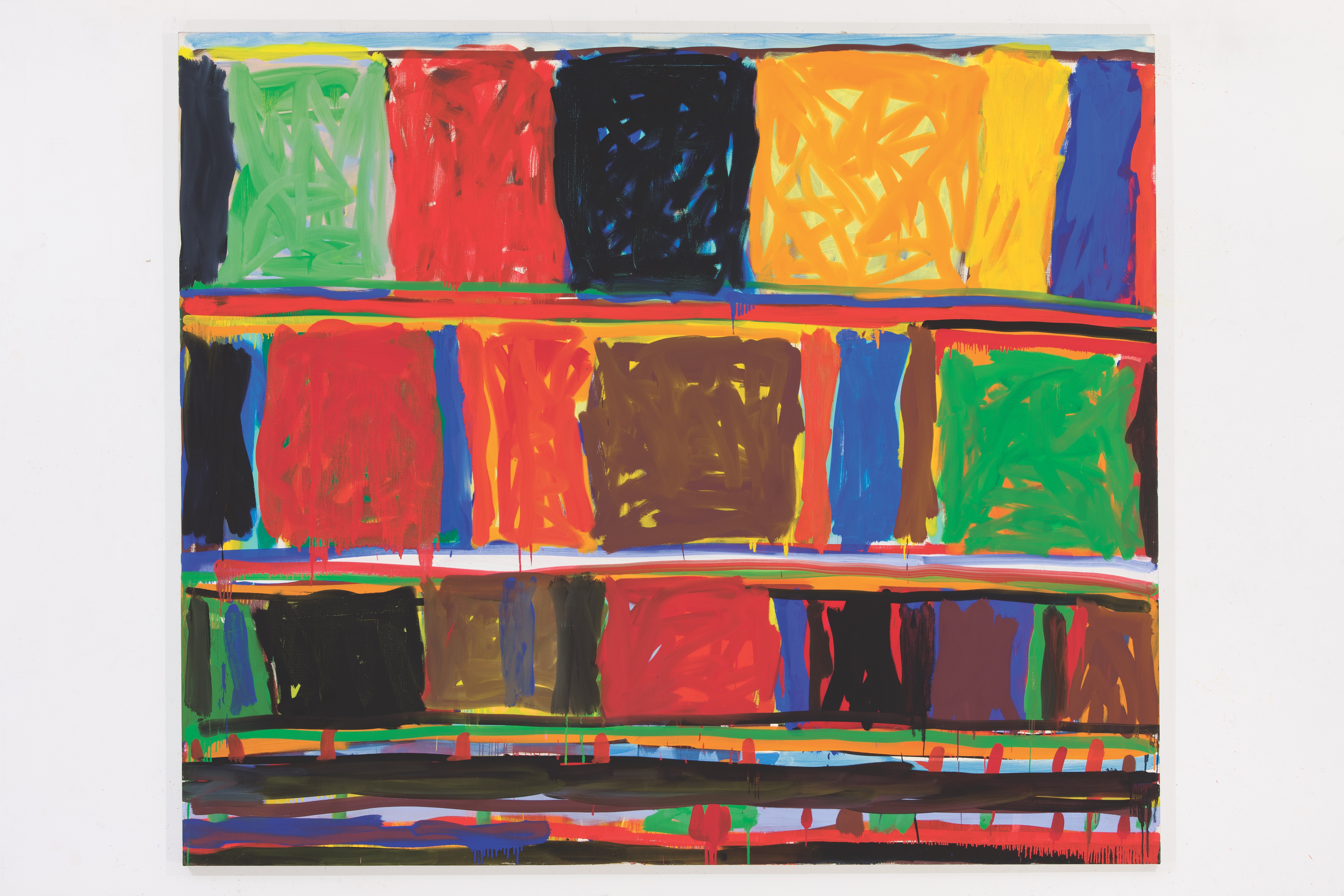 A  painting comprises rough circles of varying colors presented on a loose pattern of horizontal lines