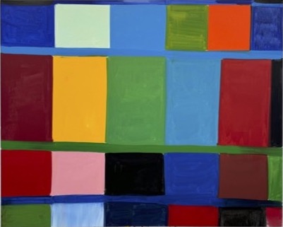 A grid like abstract painting in shades of yellow, blue, green, and red 