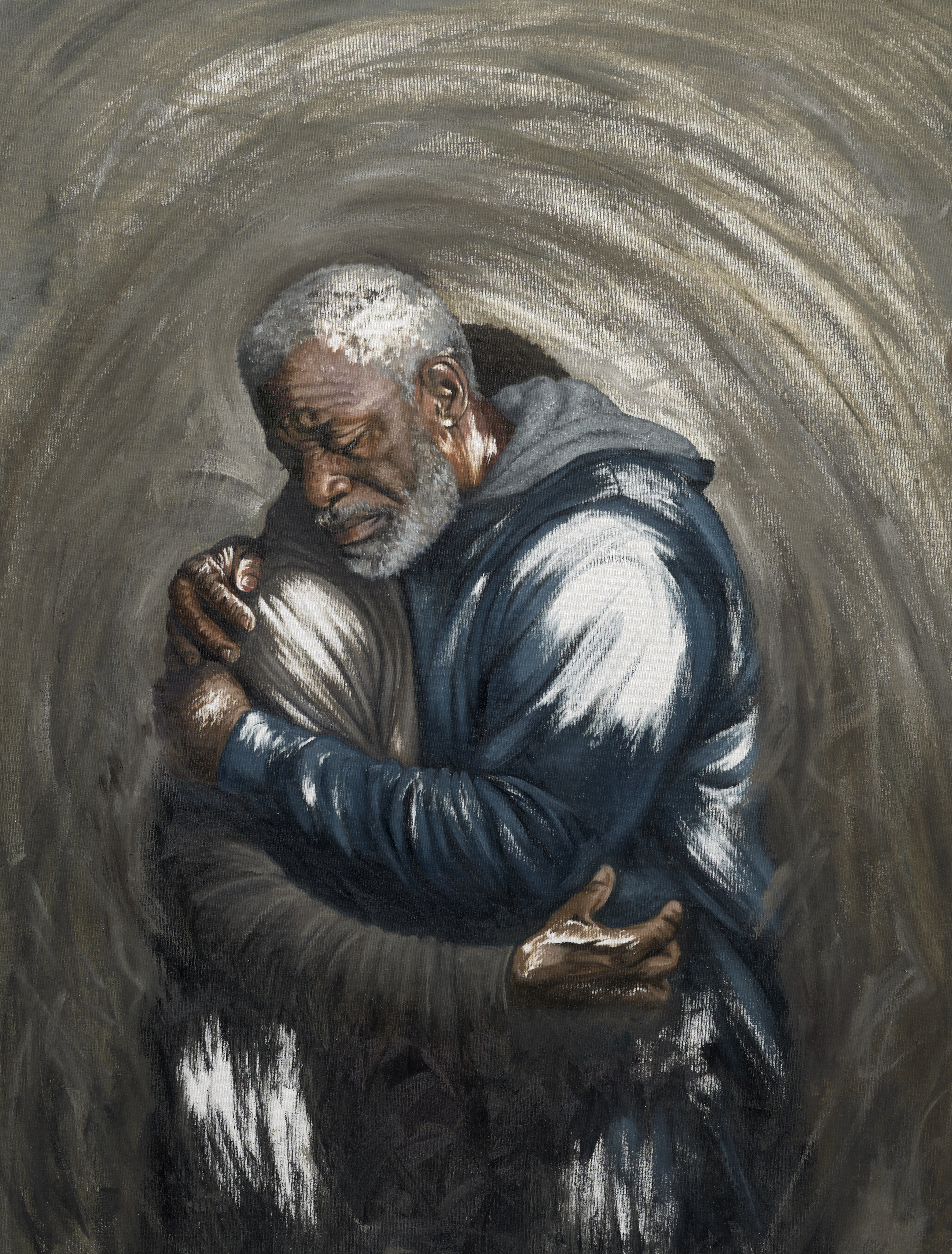 An oil painting of an embrace of two black men, the one more visible is older with grey hair and his eyes are closed