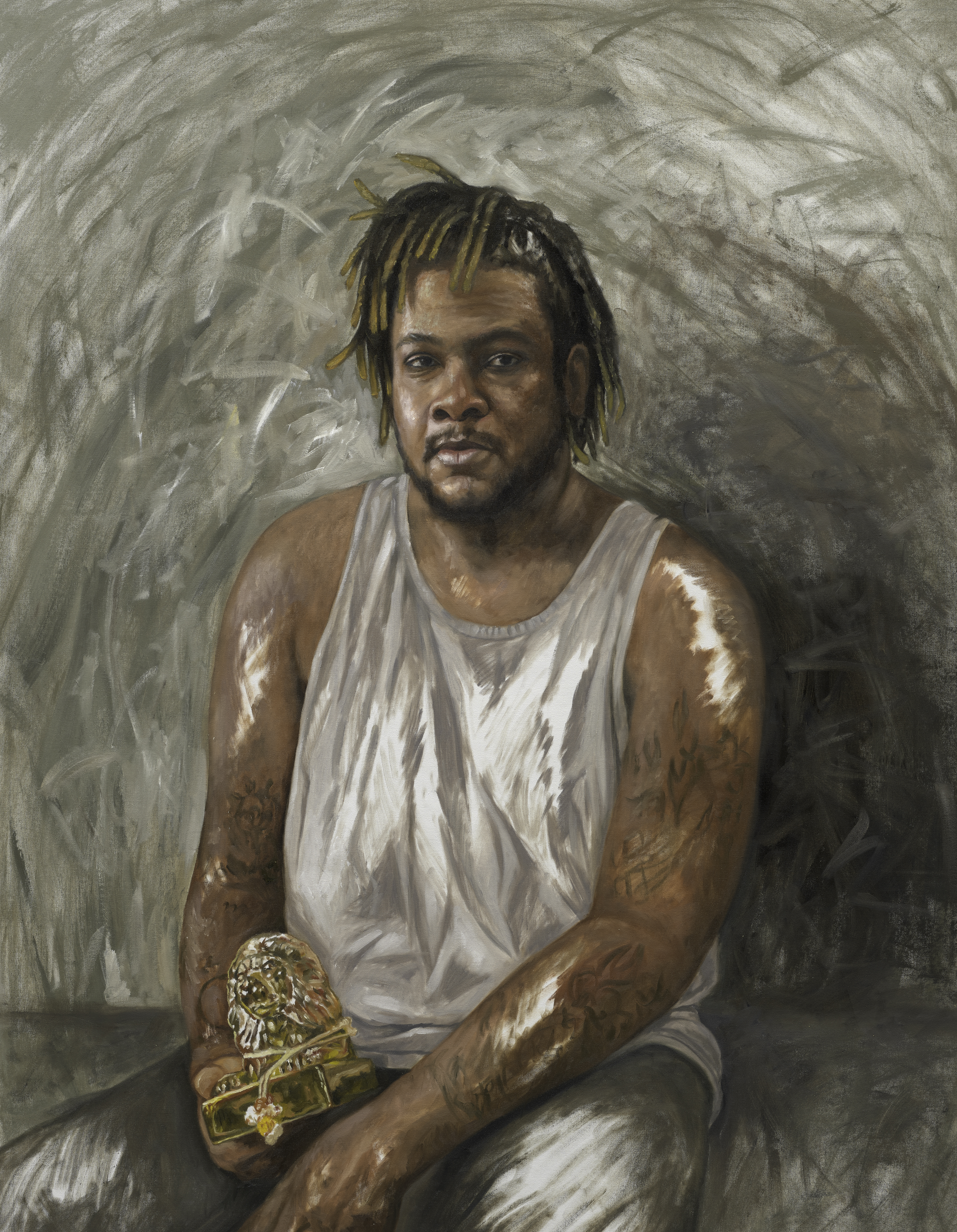 Oil painting of a man with a dark skin tone, dark hair and beard, wearing a white tank top, holding a small gold statue of a lion 