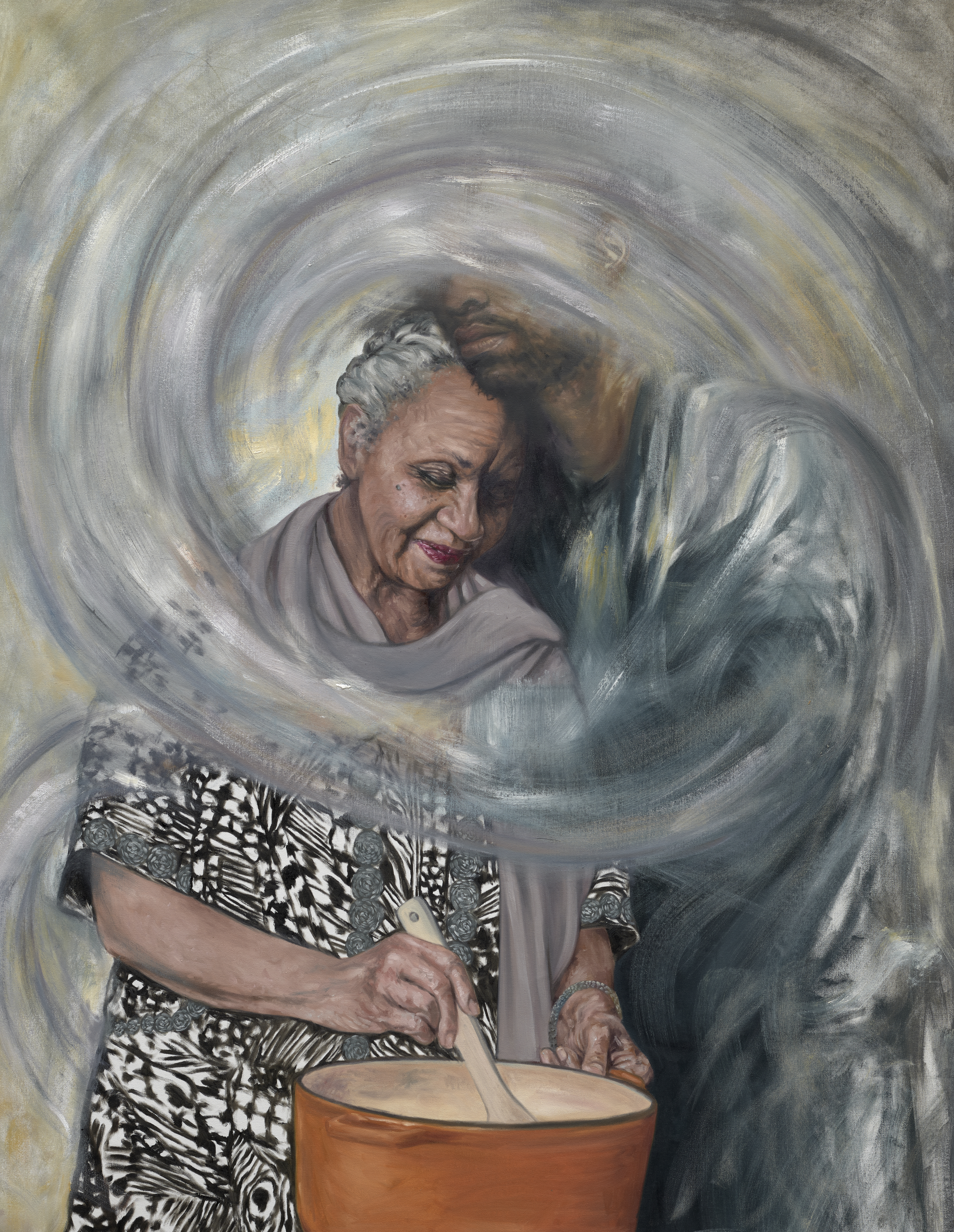 Oil painting portrait of a man (who's details are blurred) wrapping an arm around an older woman with medium-dark skin tone, grey hair in a bun, as she stirs a wooden spoon in a pot