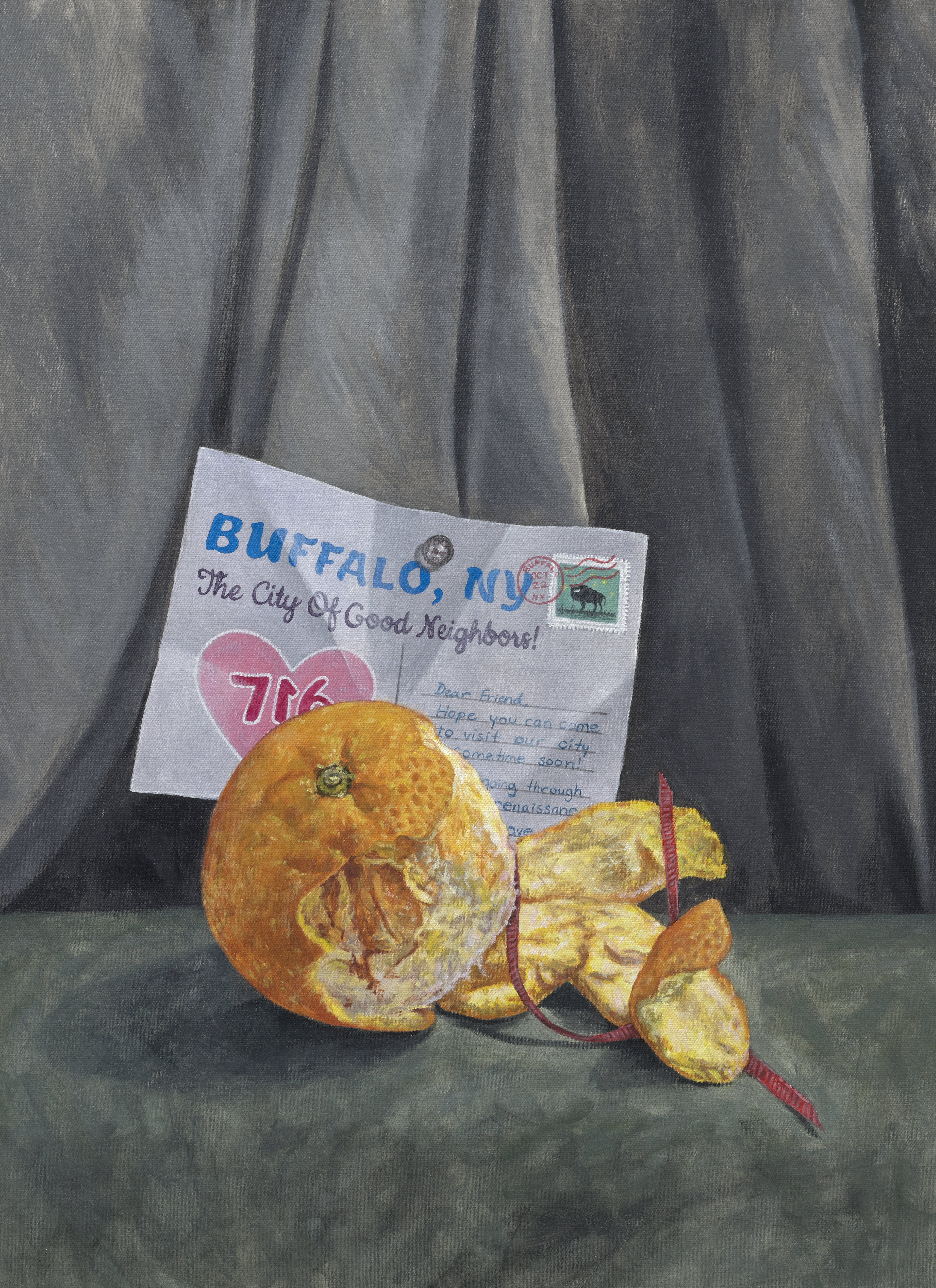 Oil painting of a peeled orange with a postcard in the background stating "Buffalo, NY The City of Good Neighbors" 