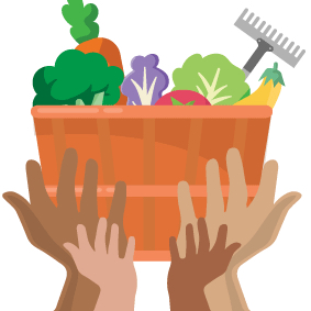 Logo of four hands in various skin tones holding an orange basket filled with vegetables