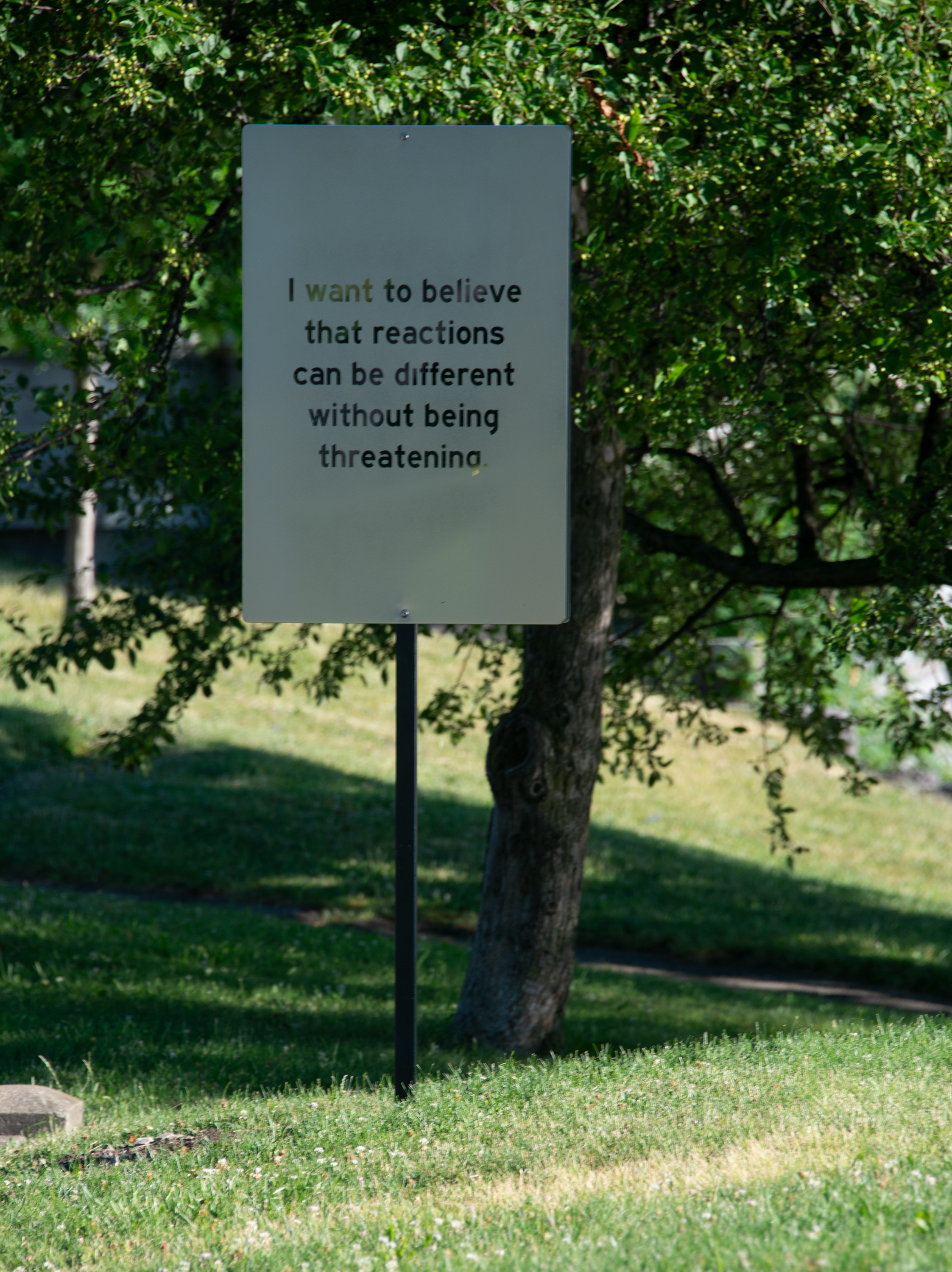 A frosted sign that reads "I want to believe that reactions can be different without being threatening."