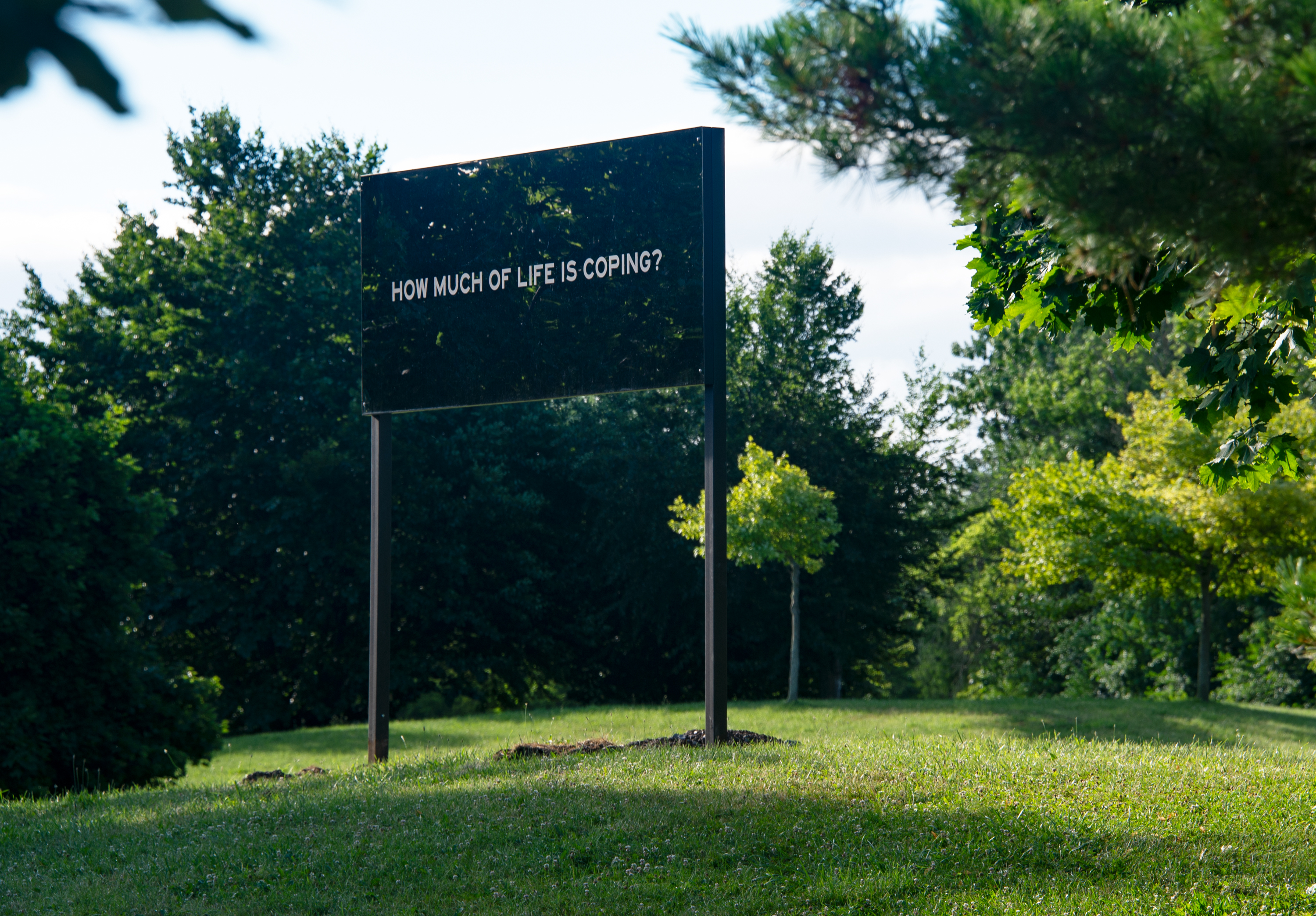 A mirrored billboard that reads "How much of life is coping?" 