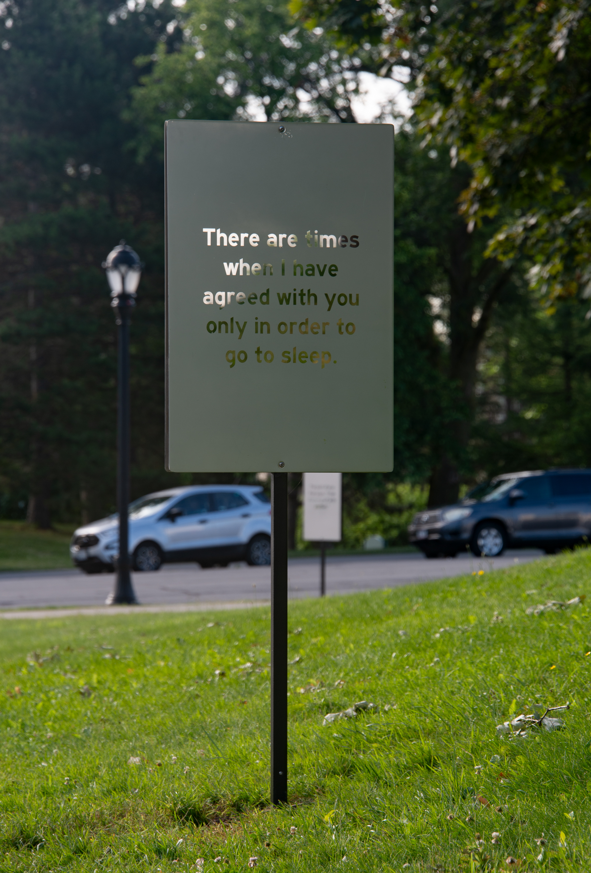 A frosted sign that reads "There are times when I have agreed with you only in order to go to sleep." 