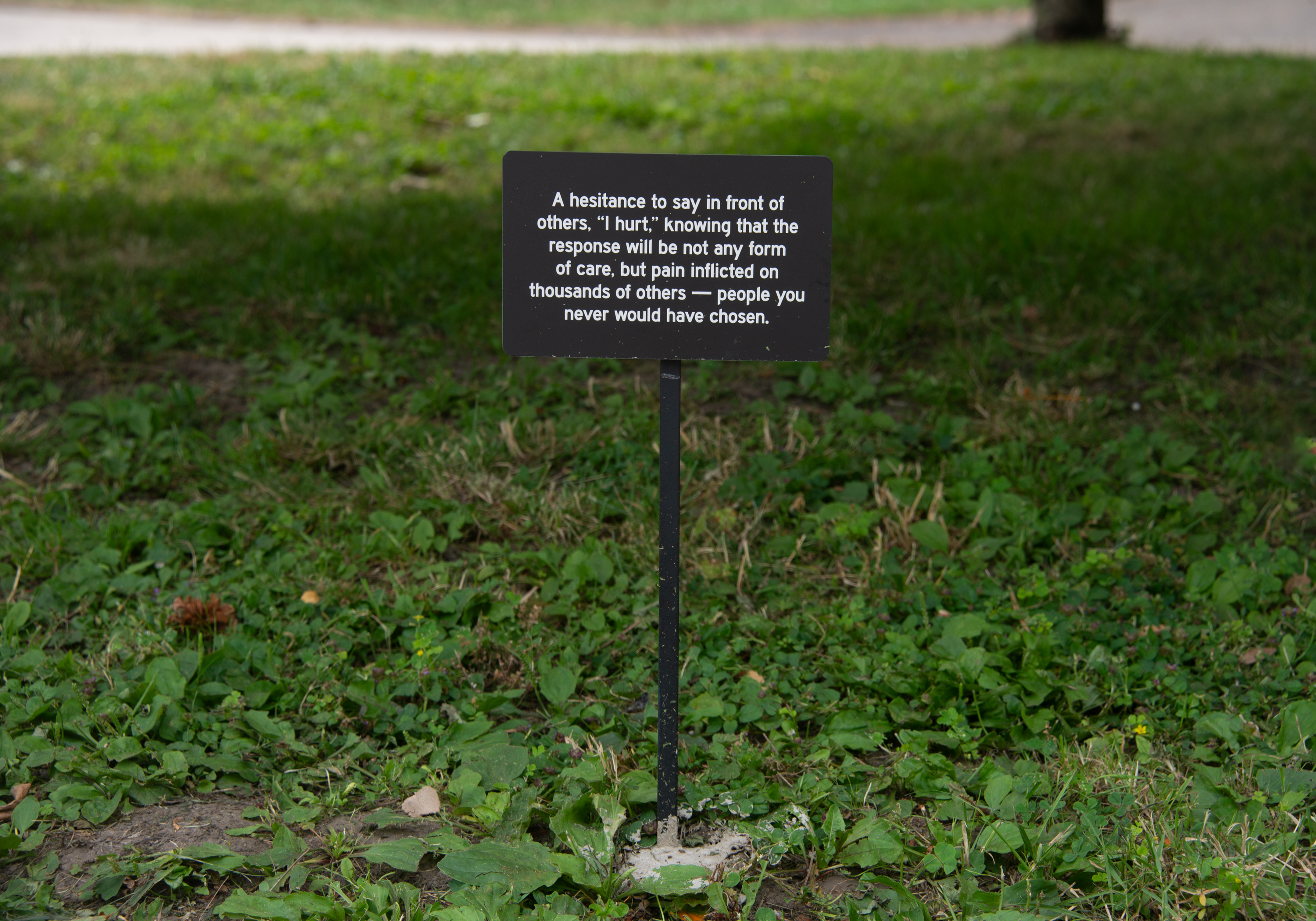 A small sign that reads "A hesitance to say in front of others, I hurt, knowing that the response will be not any form of care, but pain inflicted on thousands of others—people you never would have chosen." 