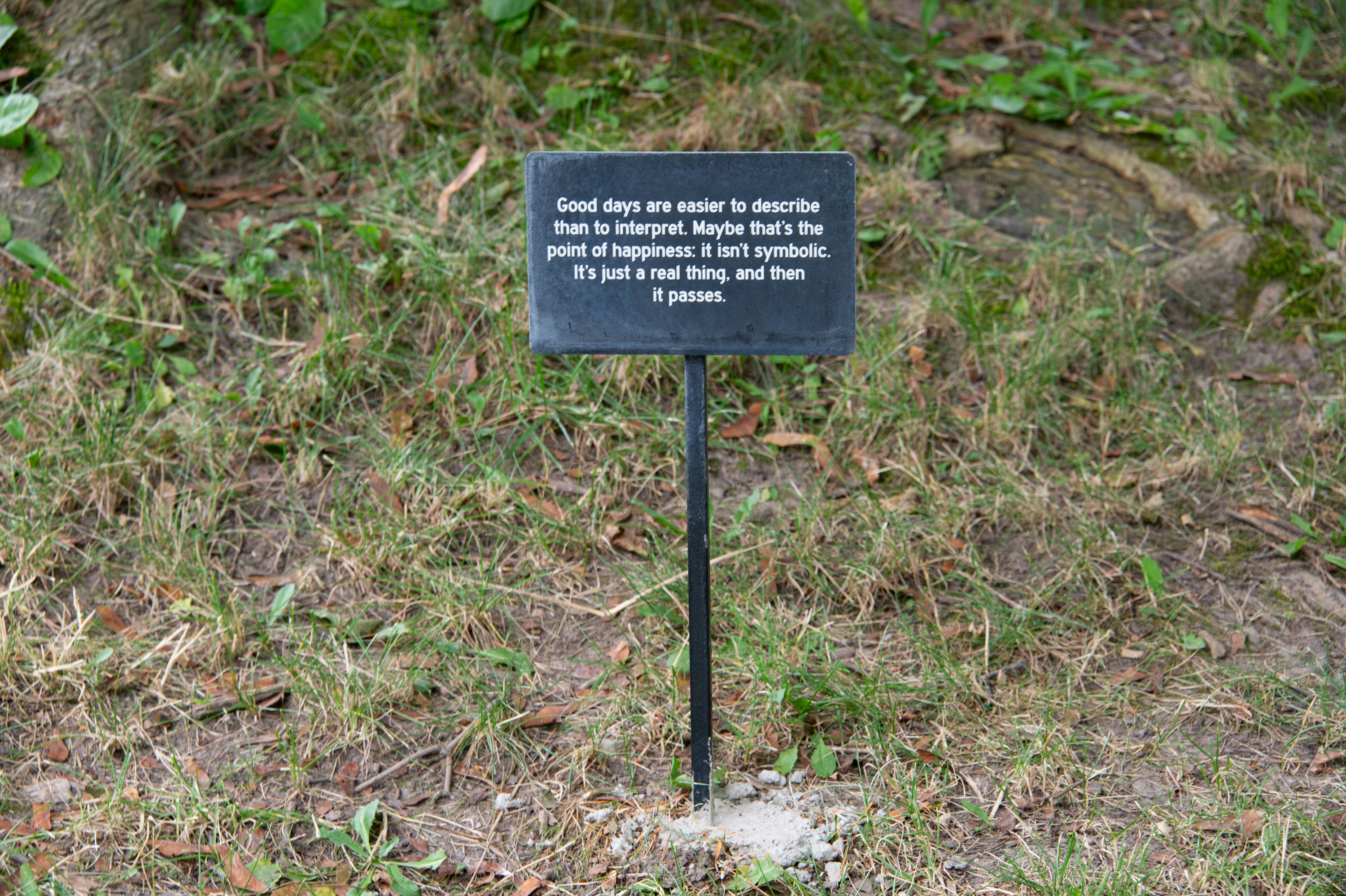 A small sign that reads "Good days are easier to describe than to interpret. Maybe that’s the point of happiness: it isn’t symbolic. It’s just a real thing, and then it passes."