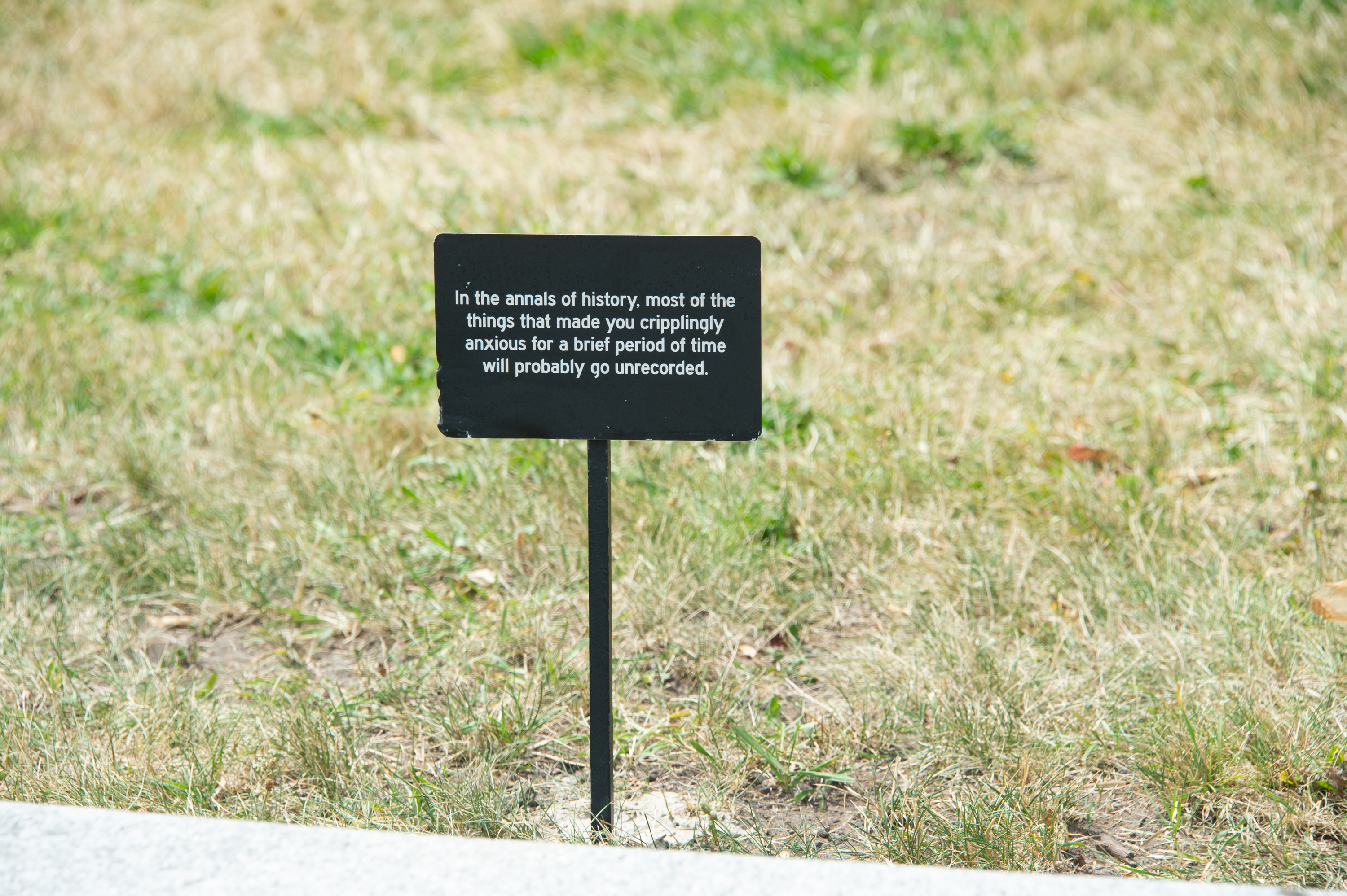 A small sign that reads "In the annals of history, most of the things that made you cripplingly anxious for a brief period of time will probably go unrecorded. "