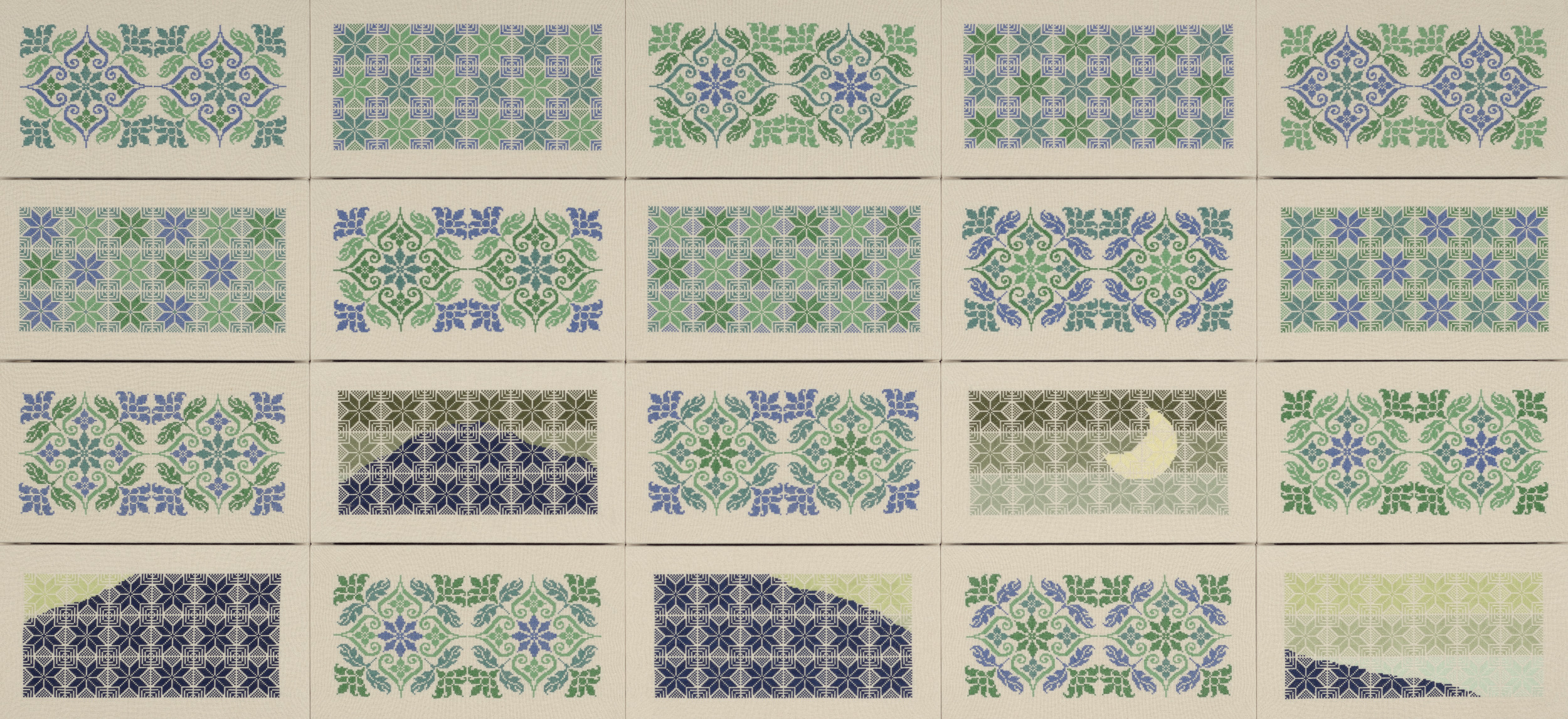 A series of traditional patterns, predominantly in shades of blue and green, arranged in multiple rows. The designs are symmetrical and incorporate floral and geometric motifs.