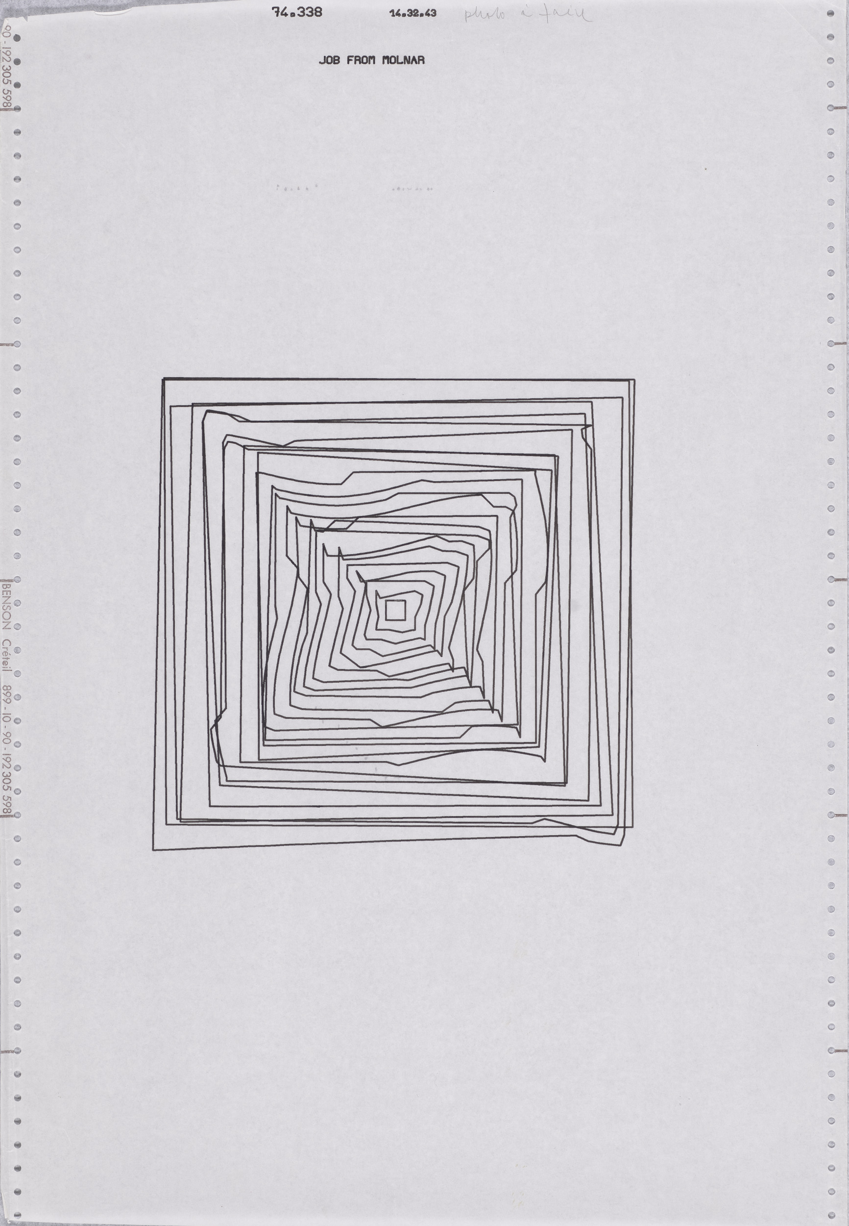 A plotter sheet with a stack of wobbling concentric squares drawn in black ink