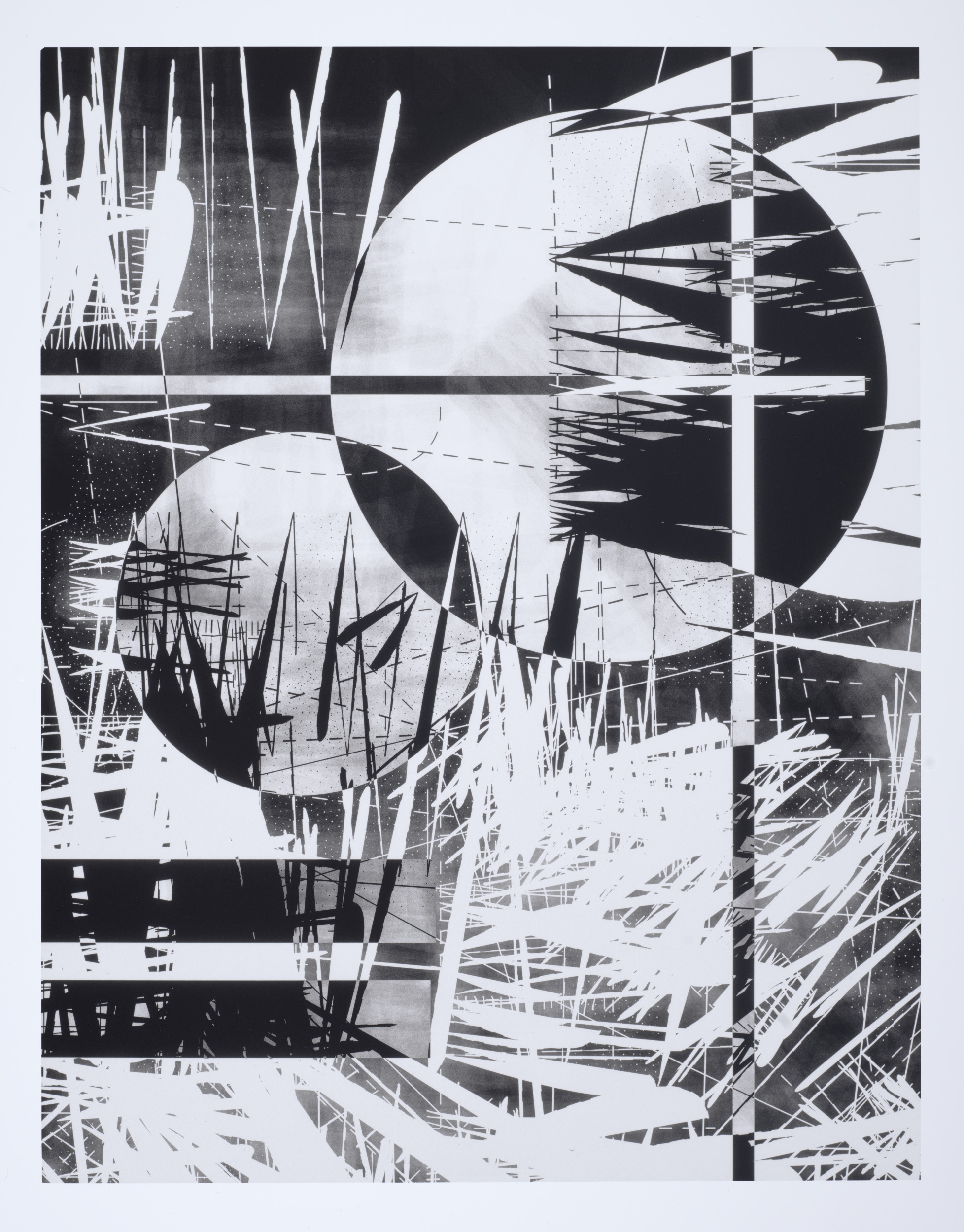 Light Years #051: a black and white print of overlapping circles crossed by sharp white strokes