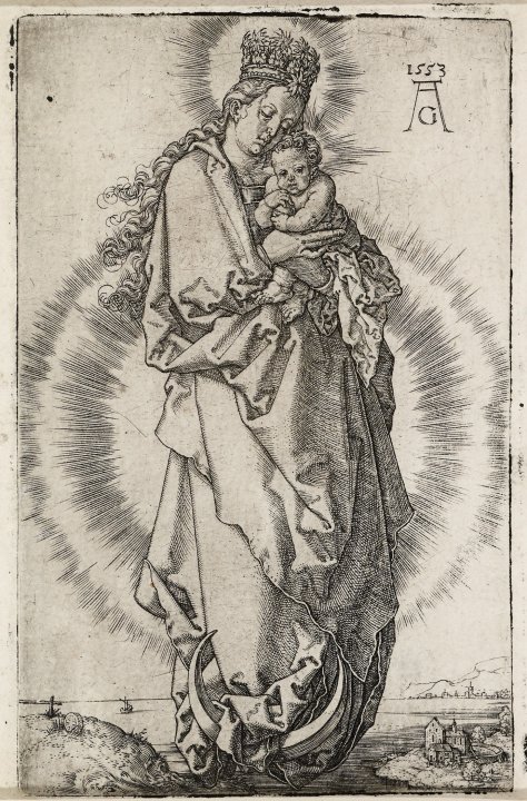 An engraving of a woman with a crown and elaborate robes and a crown surrounded by light holding a baby close to her as she floats above the earth, a crescent moon at her feet.