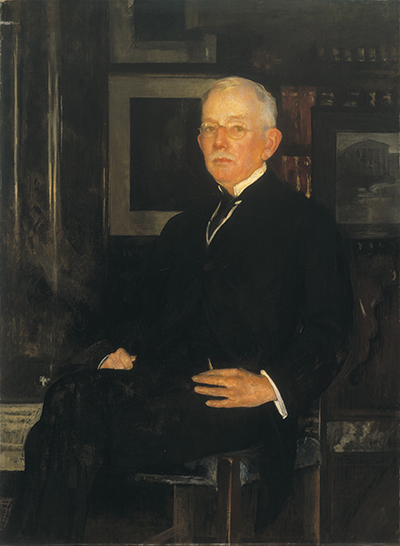 A painting of an older man with white hair and glasses wearing black and sitting in a chair