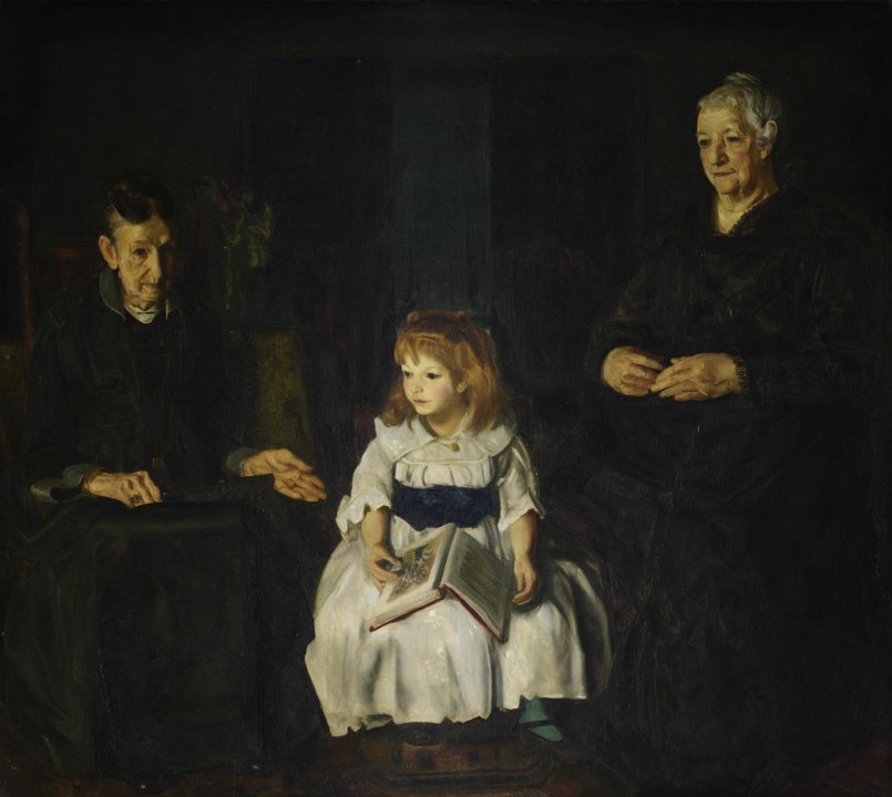 Large scale portrait of two older women dressed in black, blending into a background, and a young girl dressed in white and illuminated, sitting in between them holding a book
