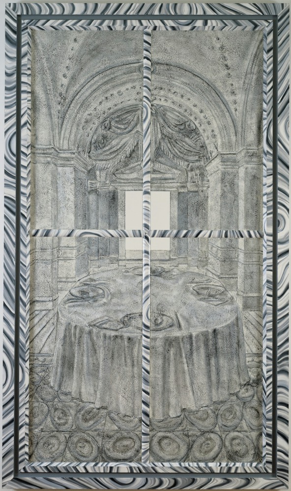 Illustration of a dining table through the viewpoint of a framed window