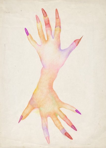 Two hands with long red/pink nails drawn with colored pencil and connected at the wrist